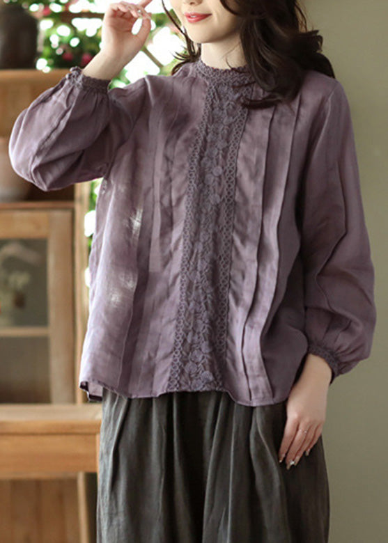 Women Purple Lace Patchwork Solid Ramie Shirt Long Sleeve