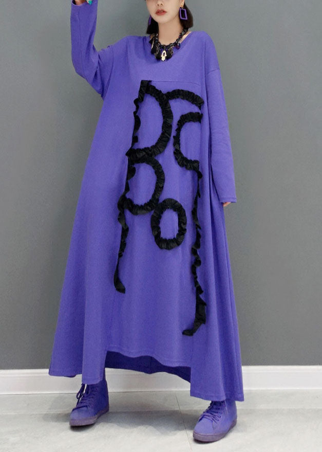 Women Purple O-Neck Asymmetrical Ruffled Cotton A Line Dress Spring