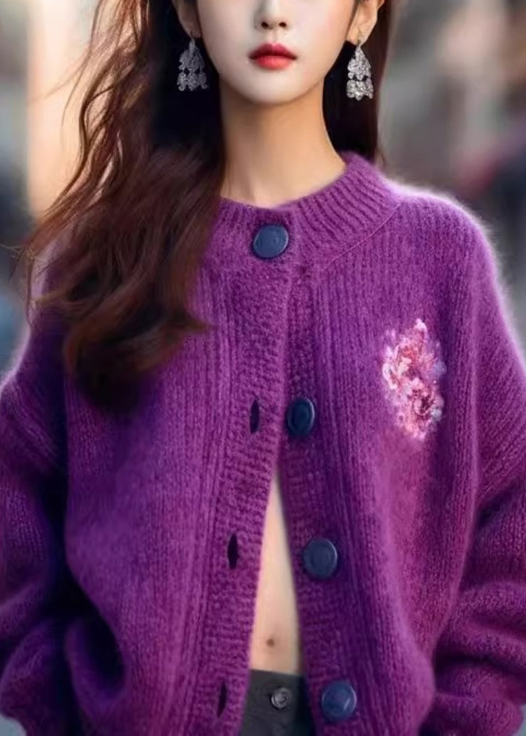 Women Purple O Neck Button Cozy Knit Cardigan Winter