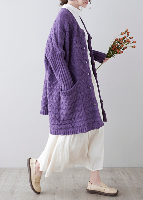 Women Purple O-Neck Button Knit Loose Knit Cardigans Spring