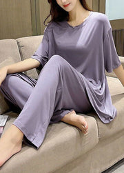 Women Purple O-Neck Patchwork Thin Cotton Two Piece Set Pajamas Short Sleeve