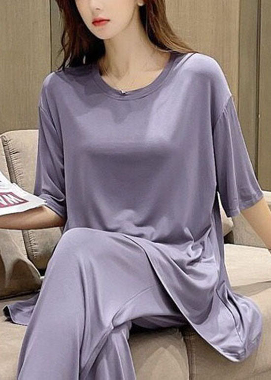 Women Purple O-Neck Patchwork Thin Cotton Two Piece Set Pajamas Short Sleeve