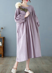 Women Purple O-Neck Patchwork Wrinkled Maxi Dresses Spring