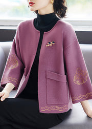 Women Purple O Neck Print Pockets Patchwork Wool Cardigan Fall