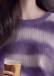 Women Purple O Neck Striped Cozy Knit Sweater Winter