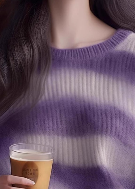 Women Purple O Neck Striped Cozy Knit Sweater Winter