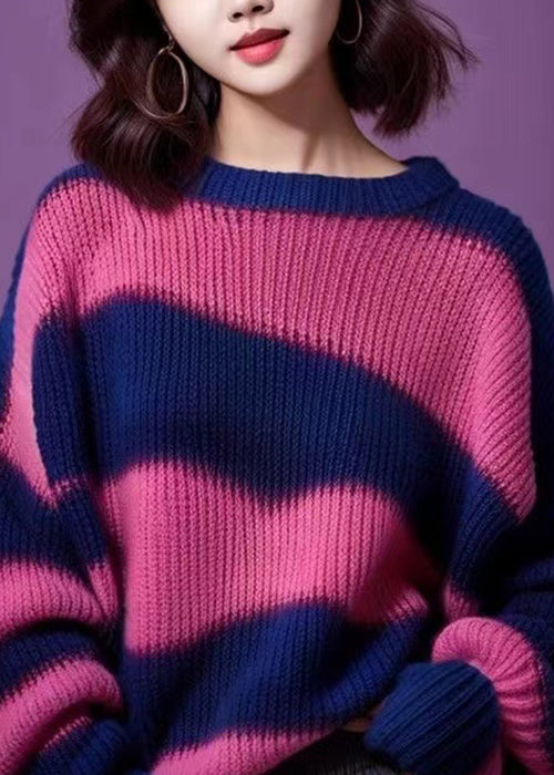 Women Purple O Neck Thick Patchwork Knit Sweater Winter