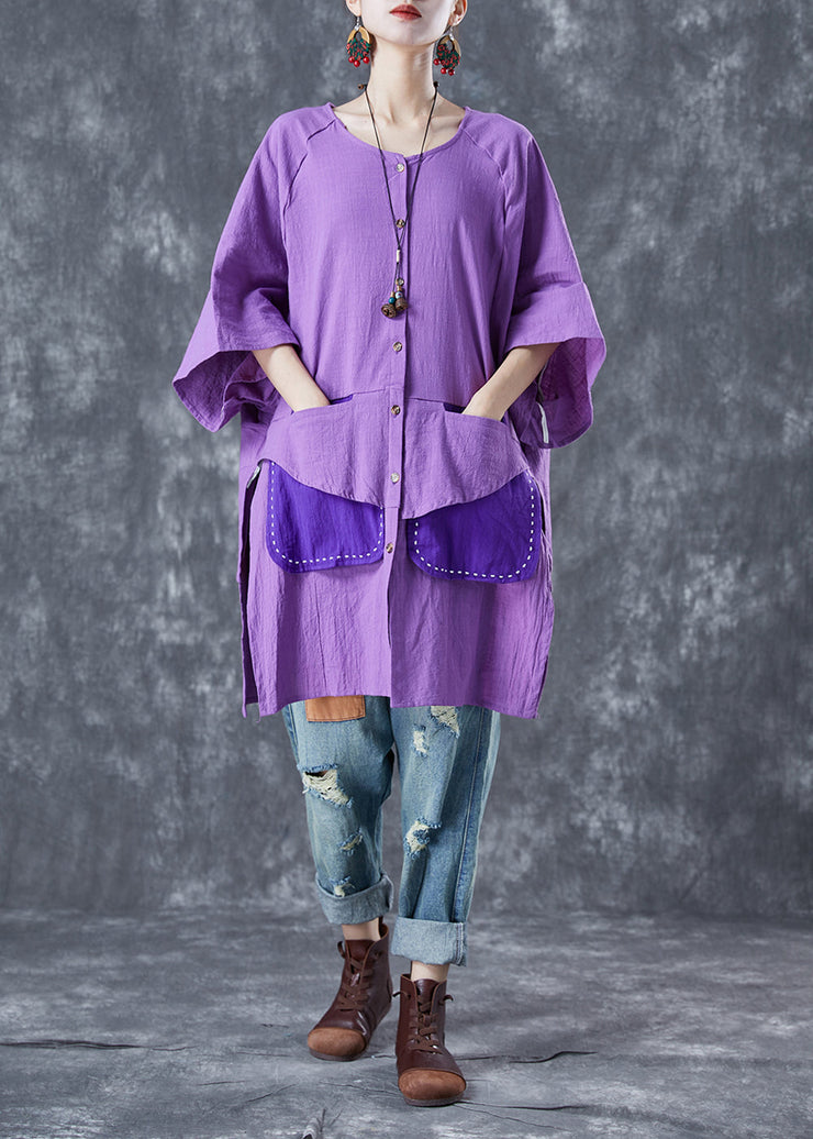 Women Purple Oversized Patchwork Cotton Shirt Summer