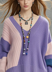 Women Purple Oversized Patchwork Knit Sweaters Fall