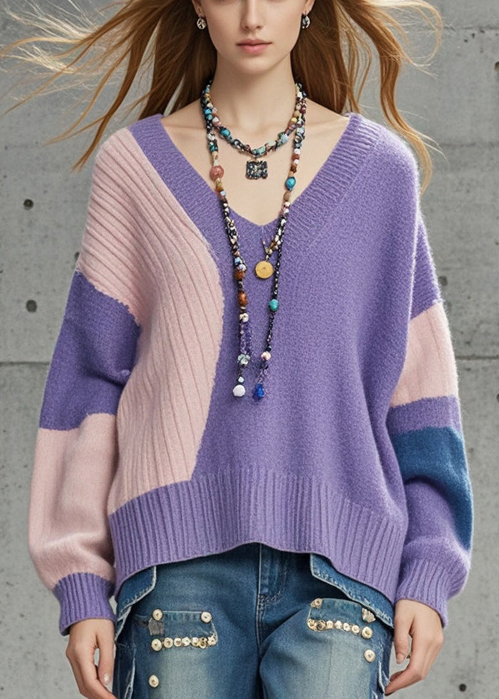 Women Purple Oversized Patchwork Knit Sweaters Fall