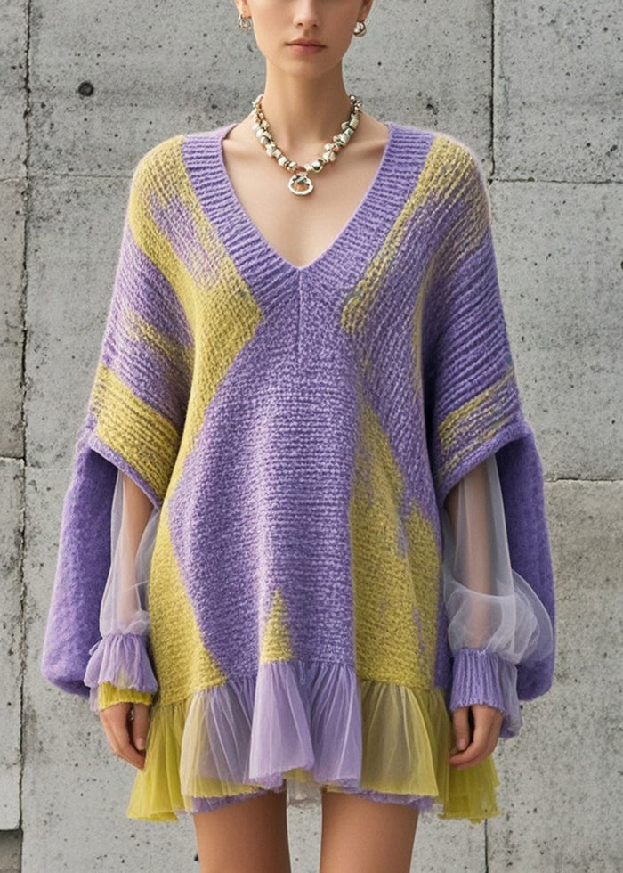 Women Purple Oversized Patchwork Tulle Knit Dress Fall