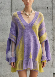 Women Purple Oversized Patchwork Tulle Knit Dress Fall