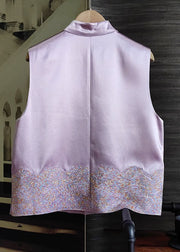 Women Purple Patchwork Embroideried Silk Tops Sleeveless