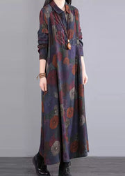 Women Purple Peter Pan Collar Patchwork Cotton Maxi Dresses Fall