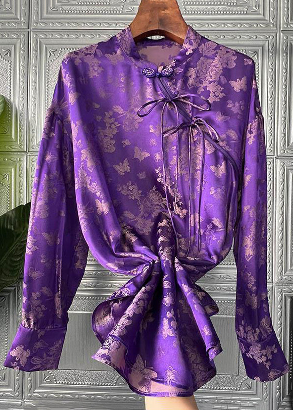 Women Purple Print Lace Up Patchwork Silk Shirts Long Sleeve