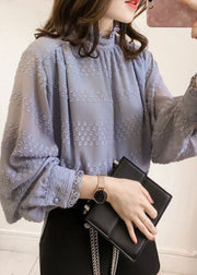 Women Purple Ruffled Button Chiffon Top Long Sleeve