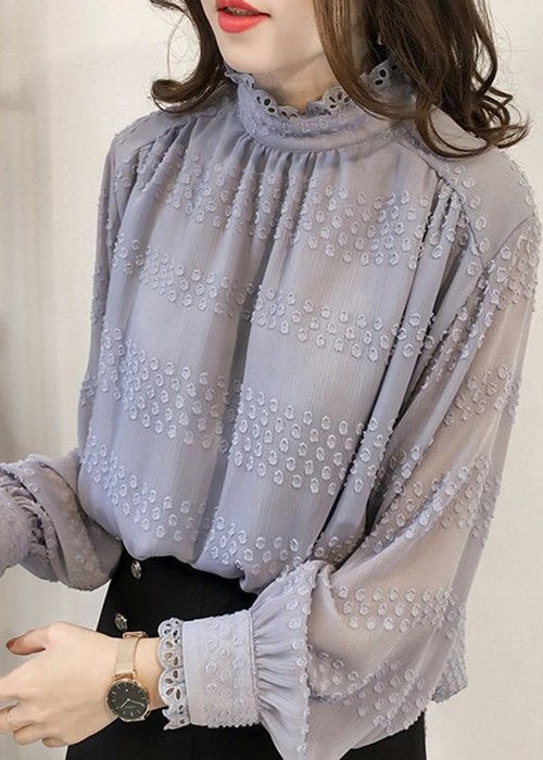 Women Purple Ruffled Button Chiffon Top Long Sleeve