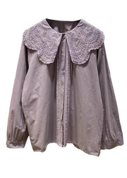 Women Purple Ruffled Hollow Out Cotton Blouse Tops Spring