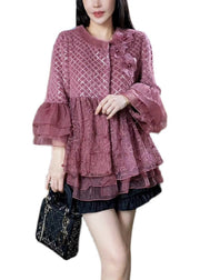 Women Purple Ruffled Tulle Floral Patchwork Mink Velvet Coats Winter