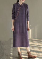 Women Purple Stand Collar Embroideried Knit Sweater Dress Winter