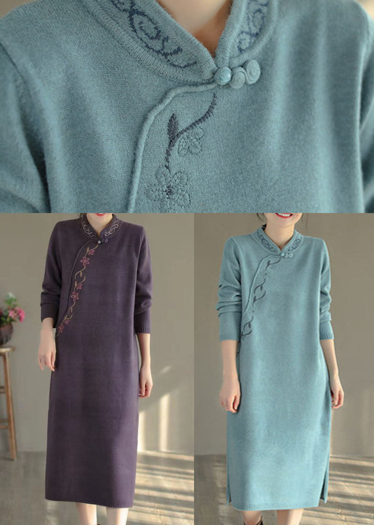 Women Purple Stand Collar Embroideried Knit Sweater Dress Winter