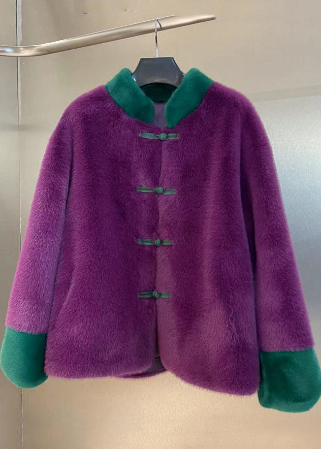 Women Purple Stand Collar Patchwork Oriental Button Mink Velvet Coats Winter