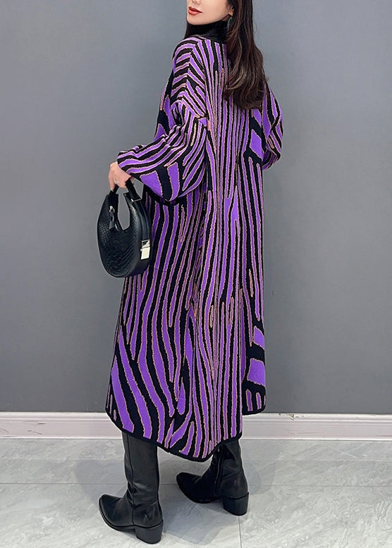 Women Purple Striped Pockets Patchwork Knit Long Cardigan Fall