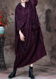 Women Purple Striped Silk Cotton Hooded Dresses Long Sleeve