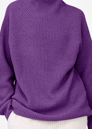 Women Purple Turtle Neck Cozy Wool Sweater Tops Winter