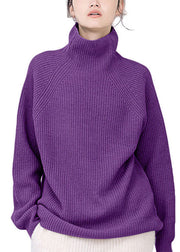 Women Purple Turtle Neck Cozy Wool Sweater Tops Winter