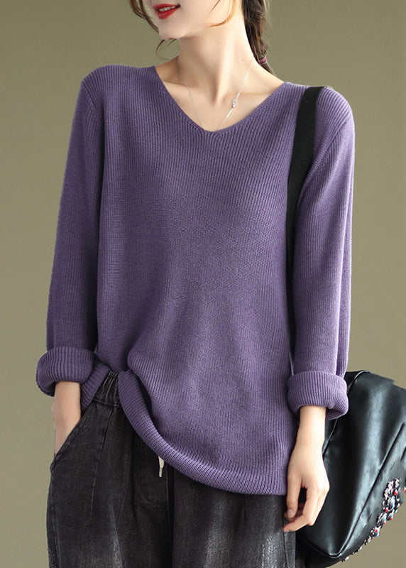 Women Purple V Neck Patchwork Knitting Cotton Tops Long Sleeve