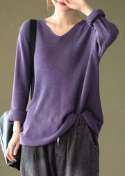 Women Purple V Neck Patchwork Knitting Cotton Tops Long Sleeve