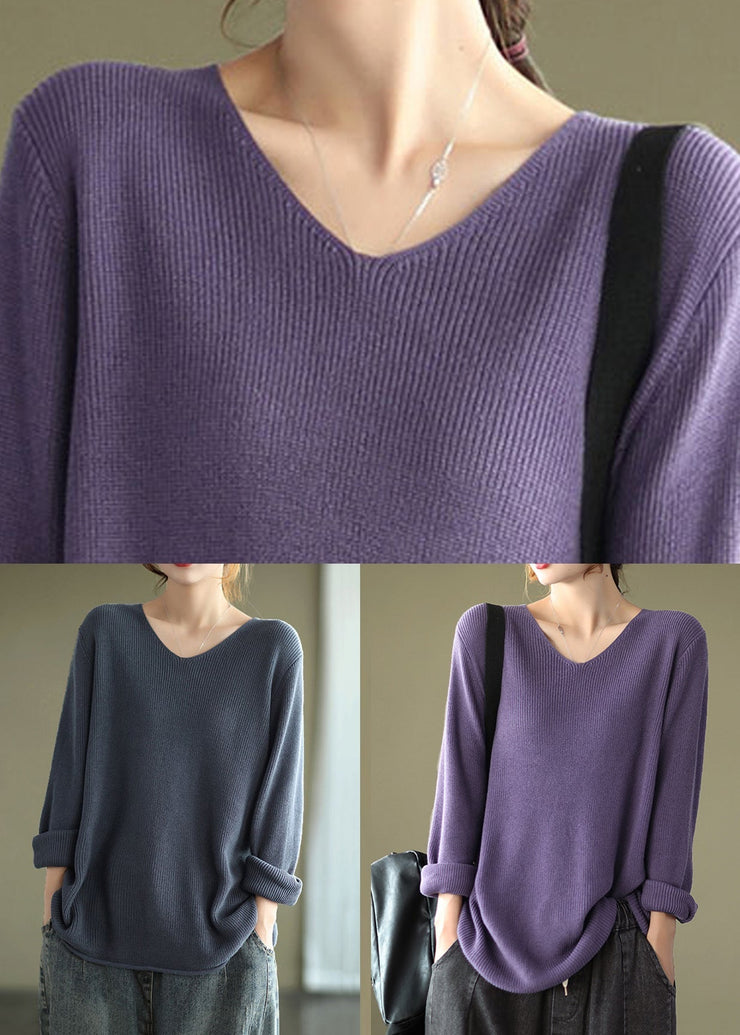 Women Purple V Neck Patchwork Knitting Cotton Tops Long Sleeve