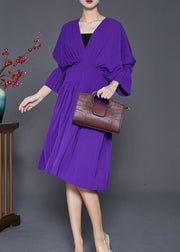 Women Purple V Neck Silm Fit Cotton Pleated Dress Fall