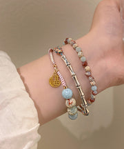Women Rainbow Copper Hand Woven Bamboo Joint Charm Bracelet Three Pieces Set