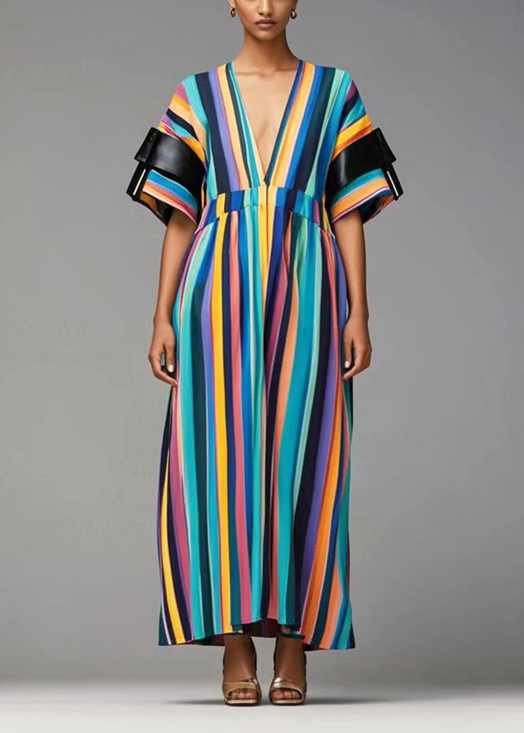 Women Rainbow Deep-V Neck Striped Cotton Dresses Summer