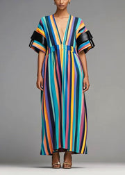 Women Rainbow Deep-V Neck Striped Cotton Dresses Summer