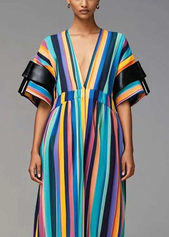 Women Rainbow Deep-V Neck Striped Cotton Dresses Summer