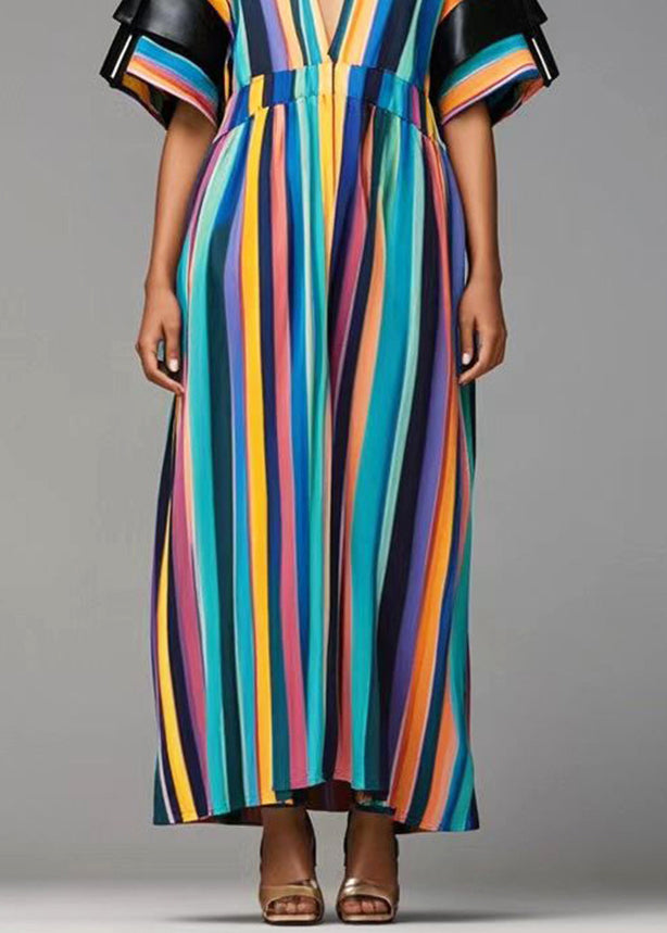 Women Rainbow Deep-V Neck Striped Cotton Dresses Summer