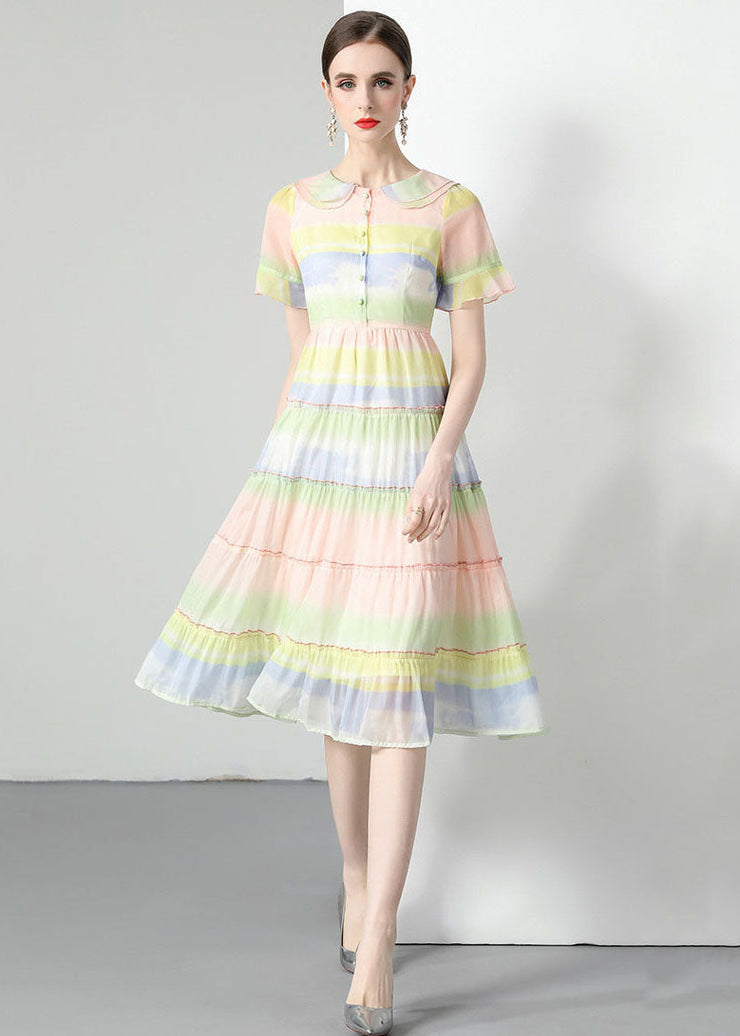 Women Rainbow Ruffled Button Patchwork Chiffon Dresses Summer