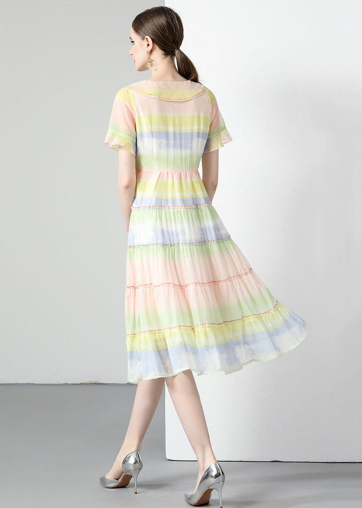 Women Rainbow Ruffled Button Patchwork Chiffon Dresses Summer