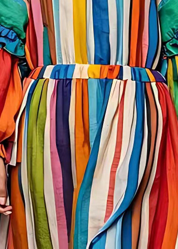 Women Rainbow Ruffled Striped Cotton Vacation Dresses