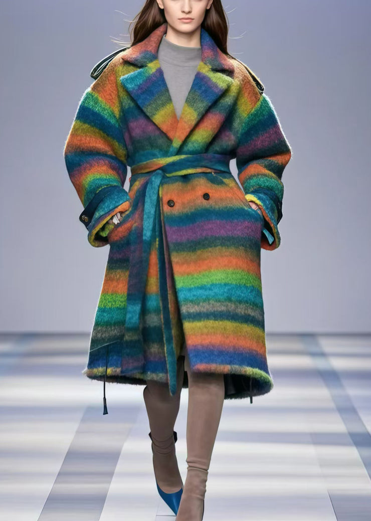 Women Rainbow Striped Double Breast Thick Woolen Trench Fall