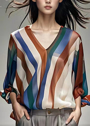 Women Rainbow V Neck Striped Chiffon Shirts Long Sleeve