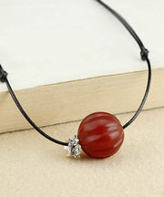 Women Red Agate Pumpkin Shaped Frosted Pendant Necklace