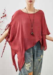 Women Red Asymmetrical Design Cotton Loose Tops Summer