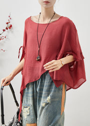 Women Red Asymmetrical Design Cotton Loose Tops Summer