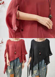 Women Red Asymmetrical Design Cotton Loose Tops Summer