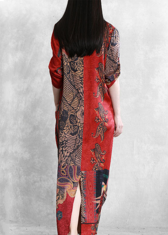 Women Red Asymmetrical Pockets Print Patchwork Silk Long Dress Summer