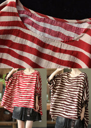 Women Red Asymmetrical Striped Cotton Pullover Spring